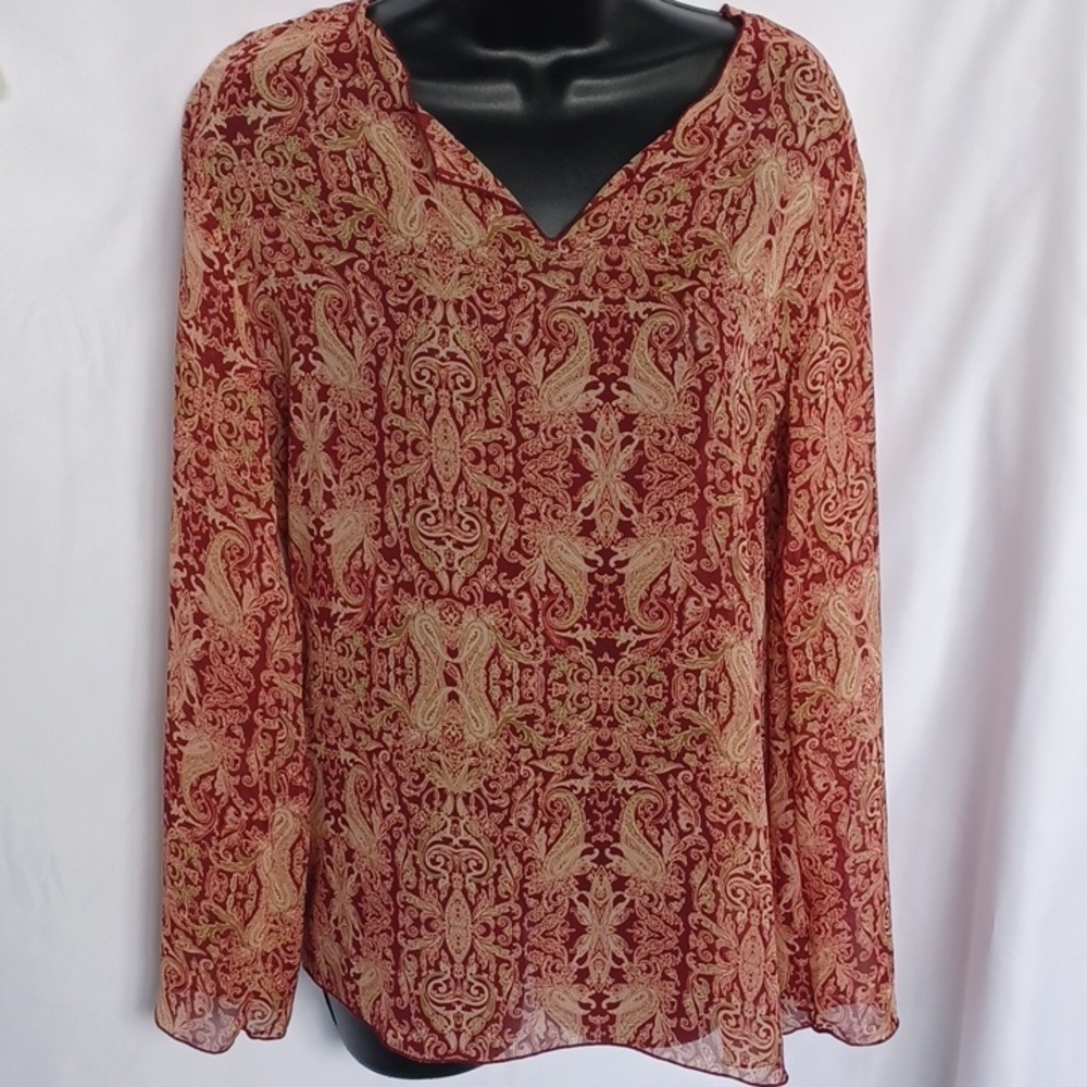 George paisley semi-sheer floral print long sleeve tunic top S, red sangria